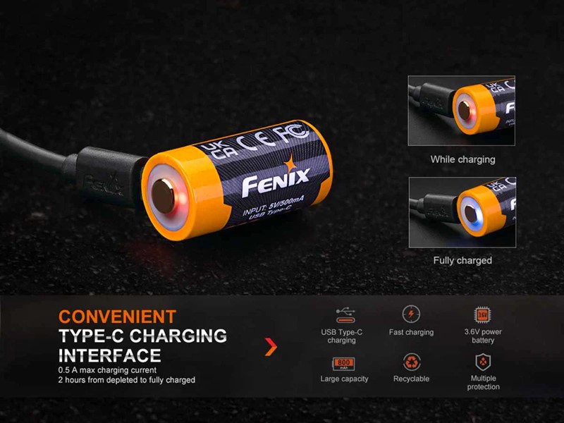 Fenix ARB-L16-800UP 16340 Rechargeable Battery with Built-In USB - Click for larger image Fenix ARB-L16-800UP 16340 Rechargeable Battery with Built-In USB